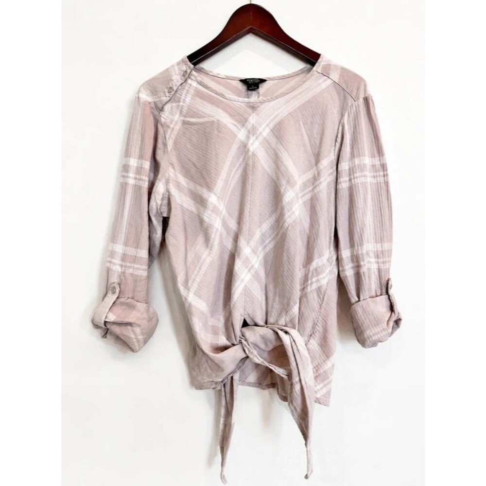 Hayes Women's Plaid Tie-Front Blouse | Roll-Tab 3/4 Sleeves | Size L